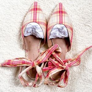 Anthropologie Pink White Plaid Ankle Tie Ballet Flats